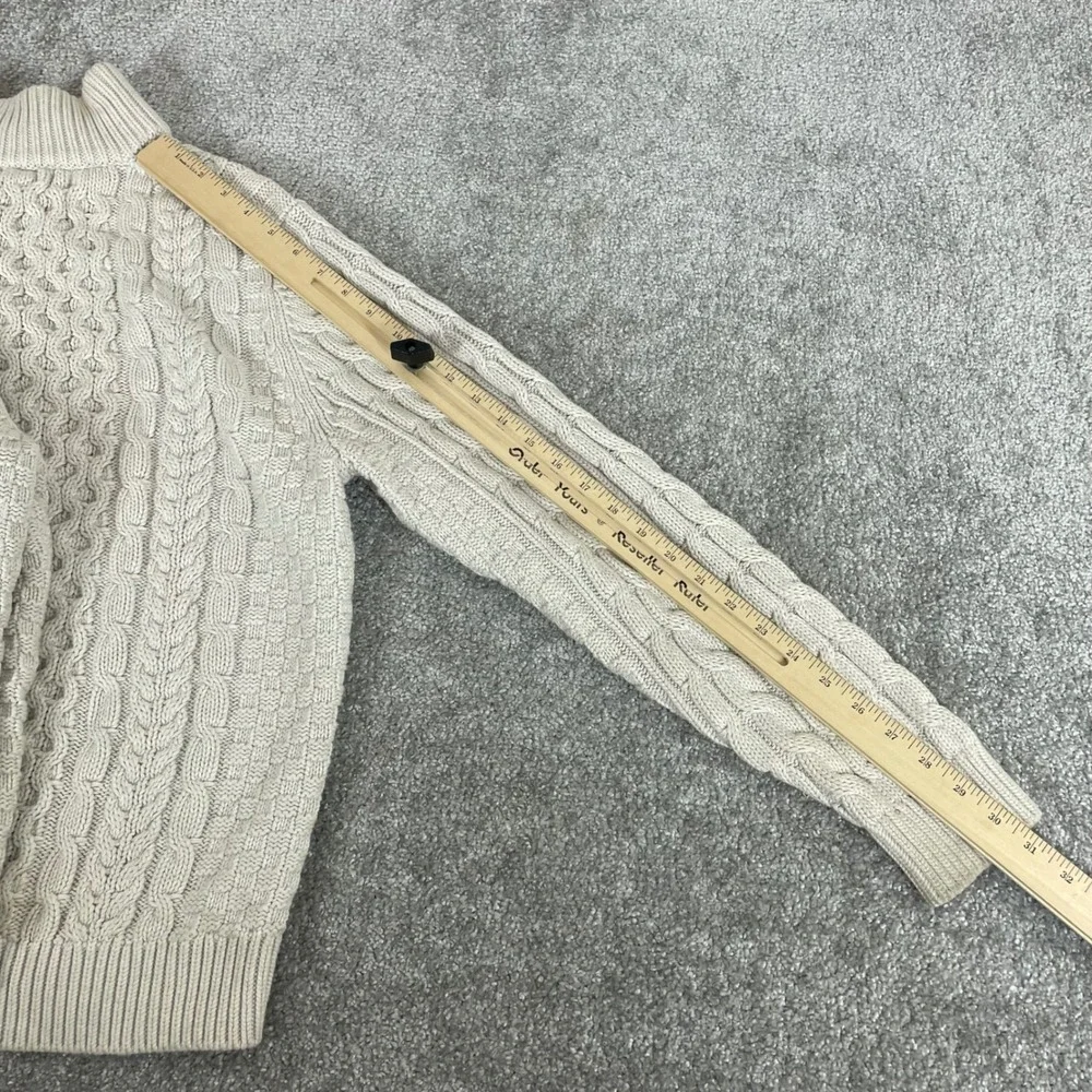 LL Bean Sweater Mens Medium Fisherman Cable Knit Cream Knot Button Mock Neck
